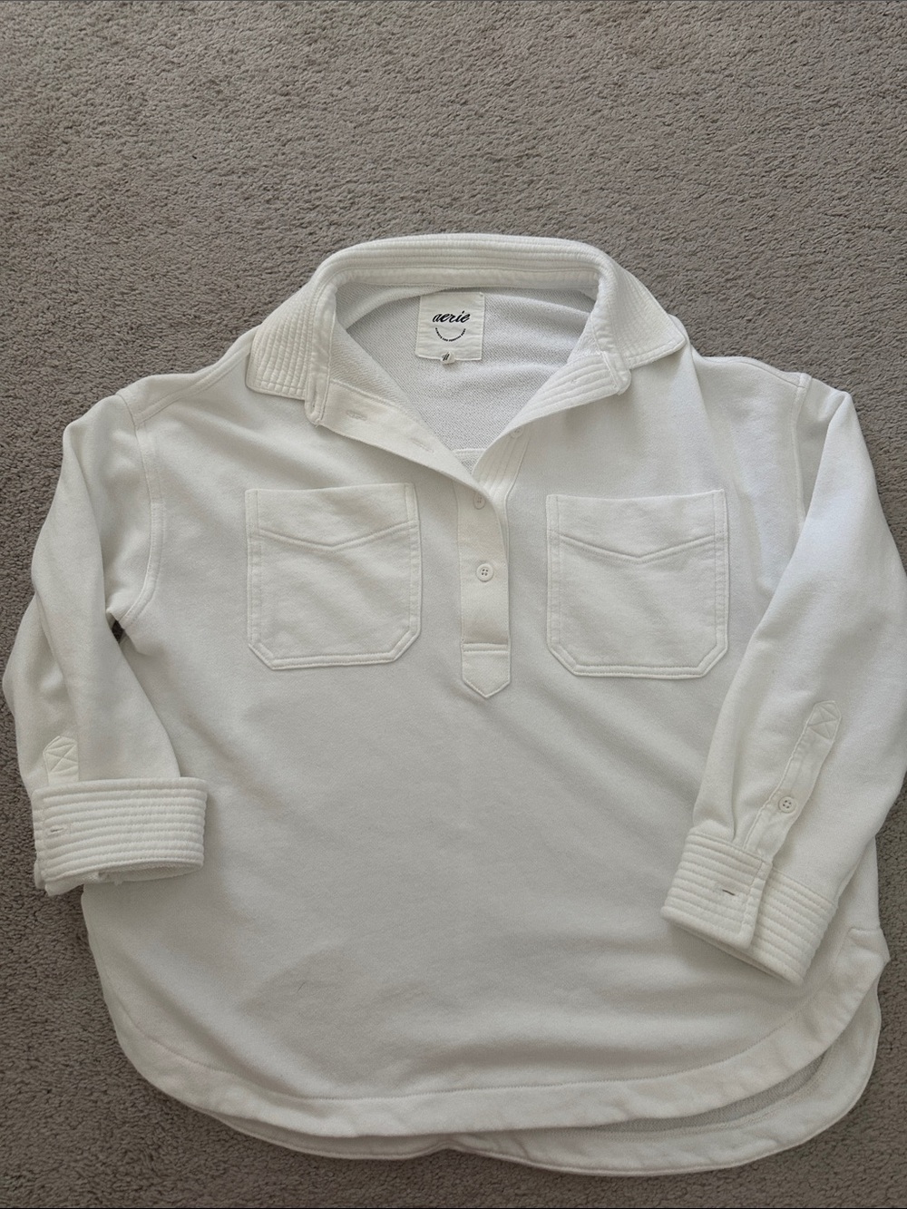 aerie White Long-Sleeve Polo Pullover with Chest Pockets